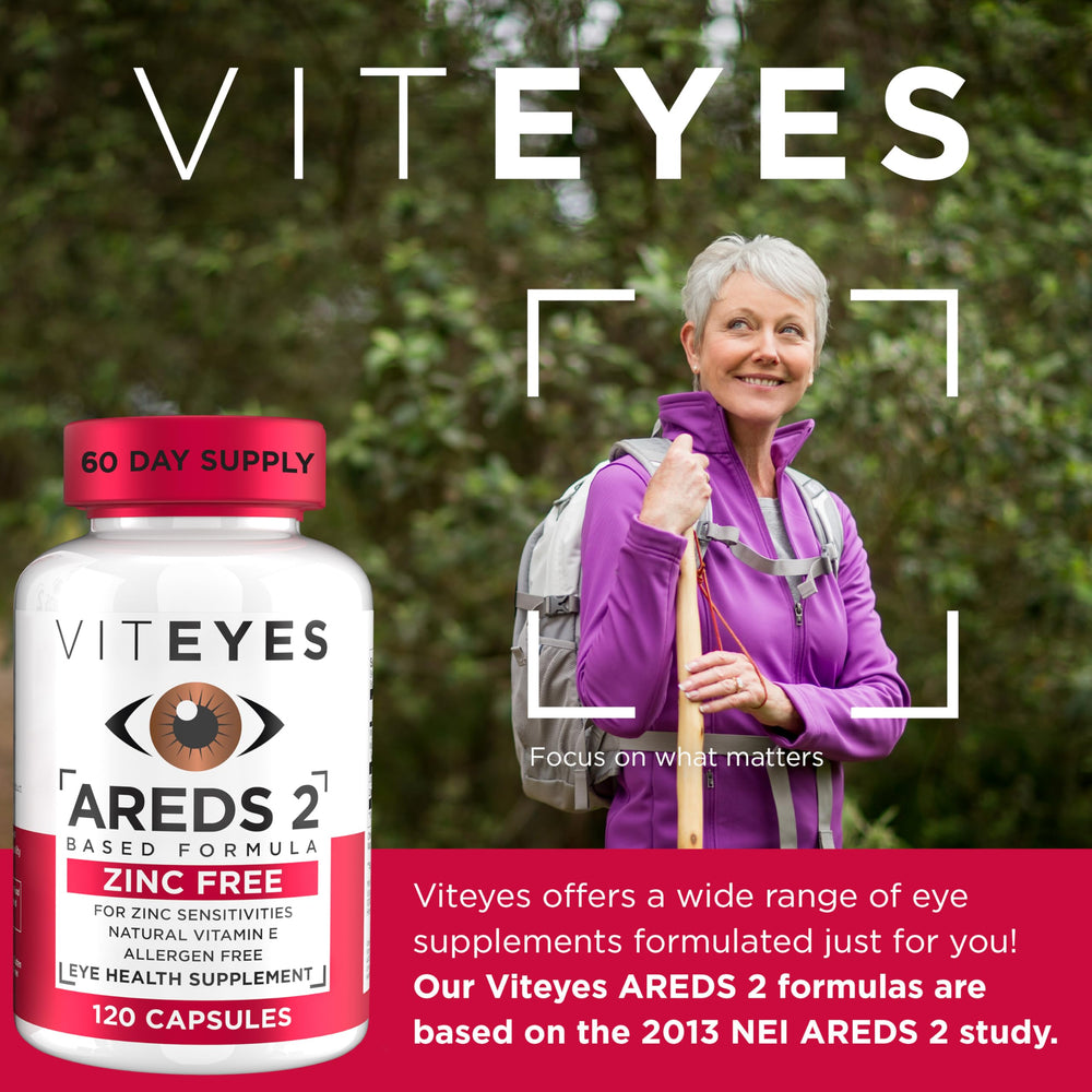 Viteyes zinc-free bottle front shows daily eye vitamin.
