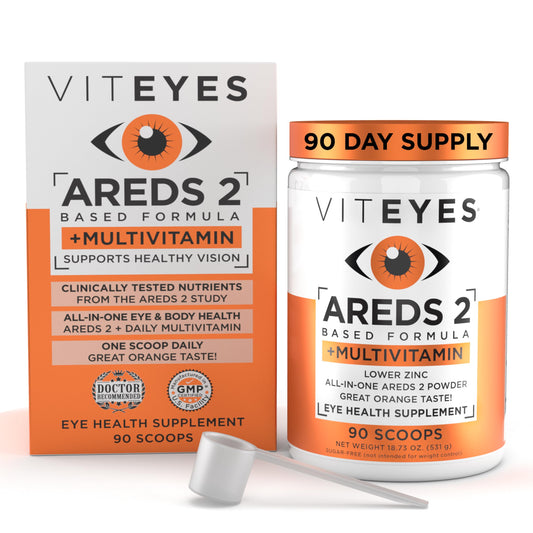 Viteyes AREDS2 powder bottle for daily eye health support.