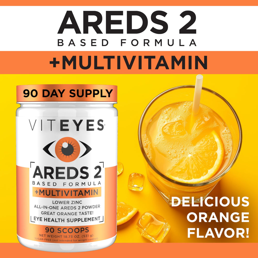 Viteyes AREDS2 powder bottle close-up with orange flavor branding.
