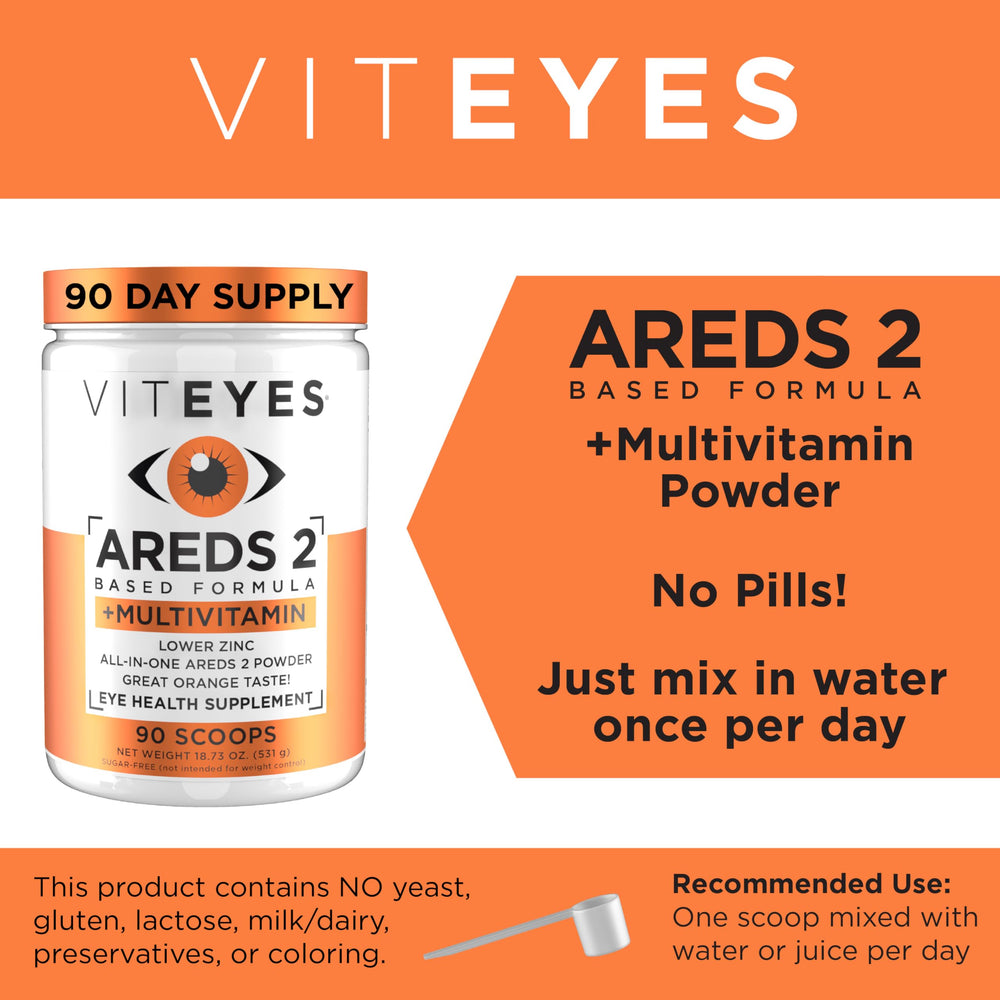 Viteyes AREDS2 powder dissolving in water for a convenient drink.