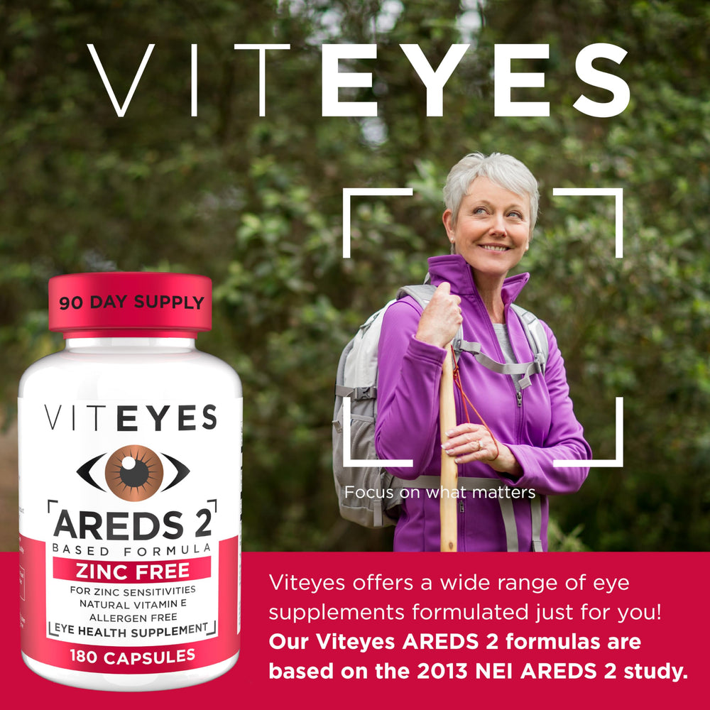 Viteyes zinc-free capsules close-up showing lutein and zeaxanthin