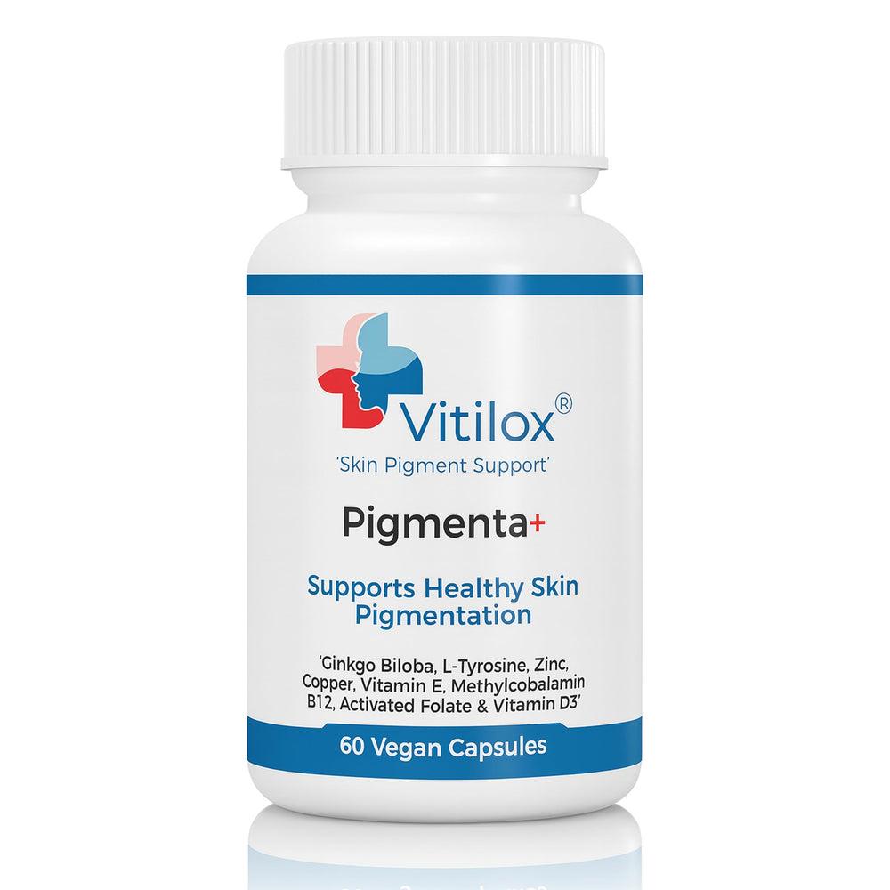 Vitilox Pigmenta+ bottle front supports healthy skin tone.