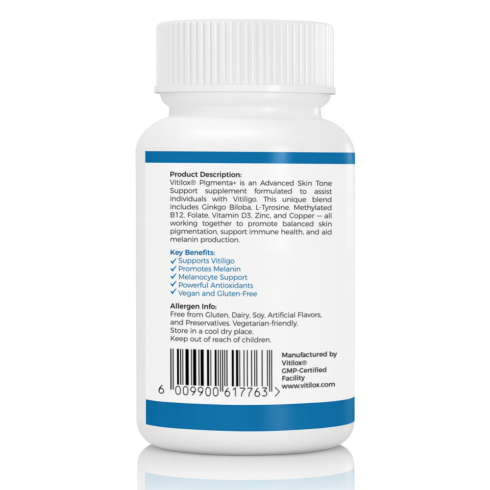 Vitilox Pigmenta+ label closeup emphasizes quality and safety.