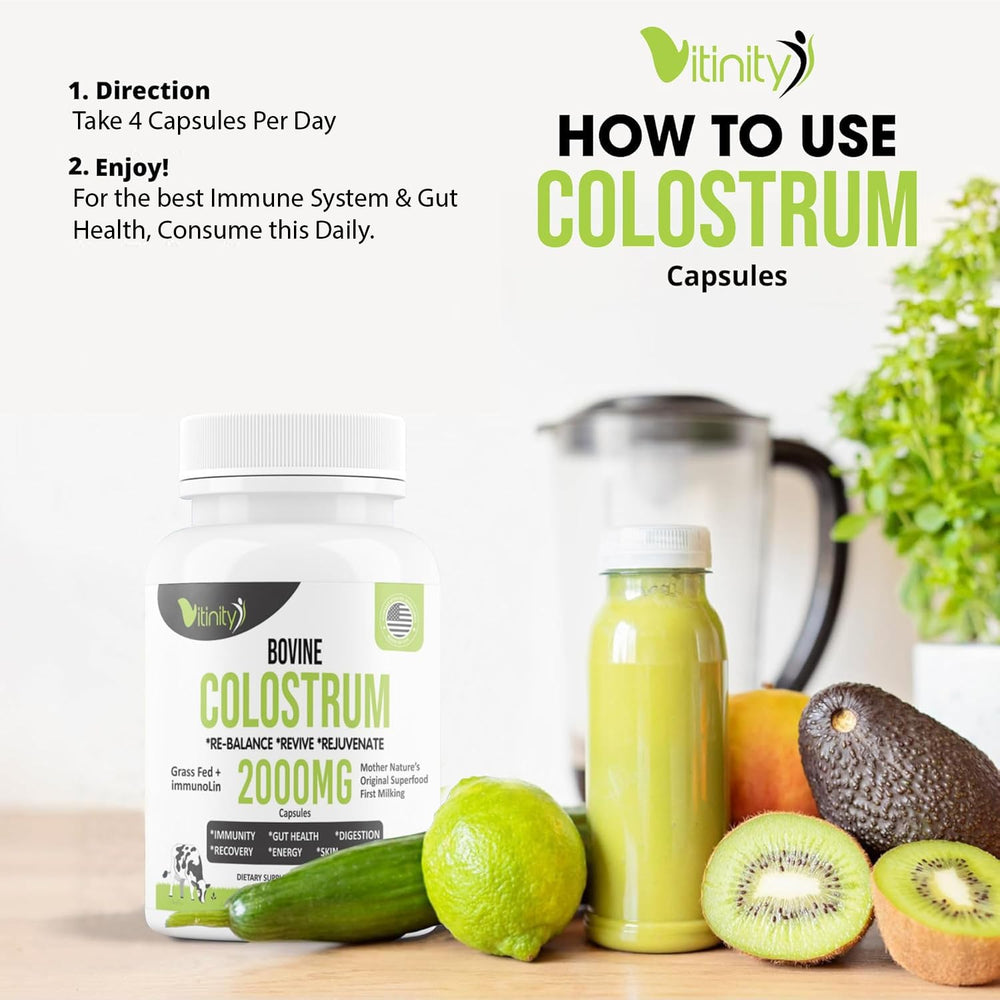 VITINITY bottle with label highlights premium bovine colostrum for daily wellness.