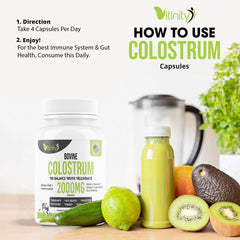 VITINITY bottle with label highlights premium bovine colostrum for daily wellness.