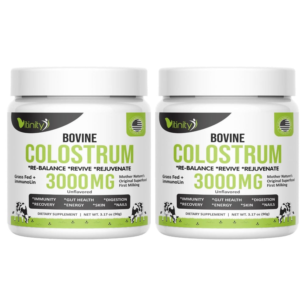 VITINITY grass-fed bovine colostrum powder bottle, premium daily wellness option.