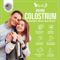 VITINITY grass-fed colostrum capsules on shelf for daily use.