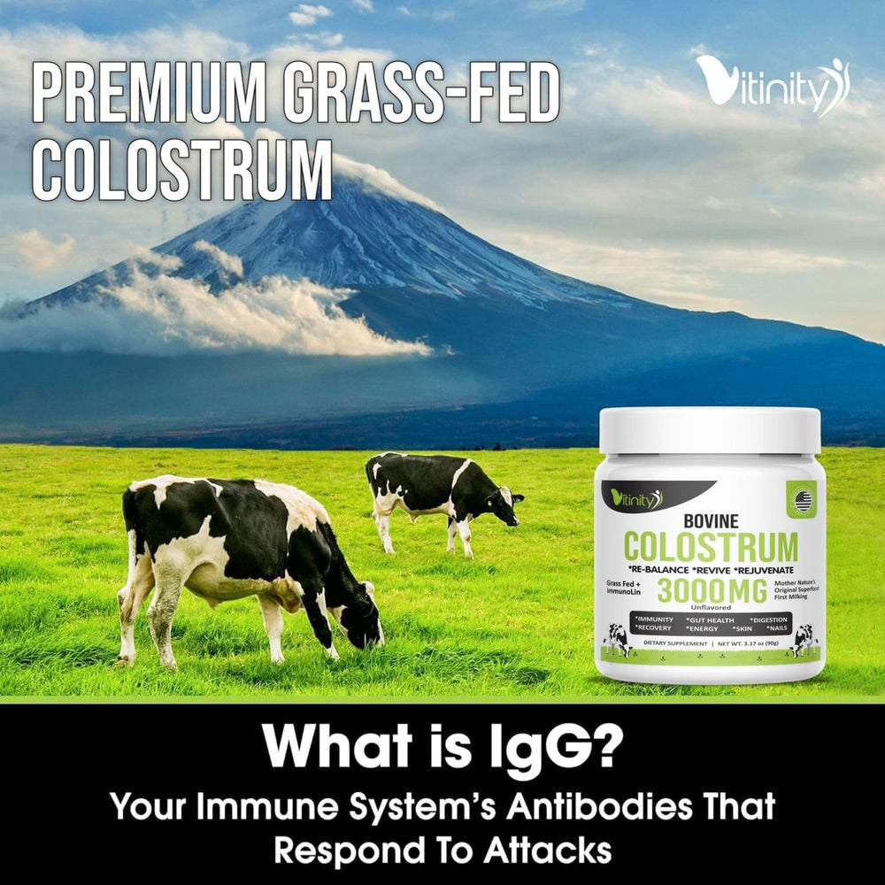 Measuring scoop beside bowl of colostrum powder for convenient dosing.