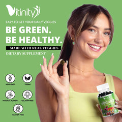 VITINITY Super Greens label close-up emphasizes sugar-free and non-GMO assurance.