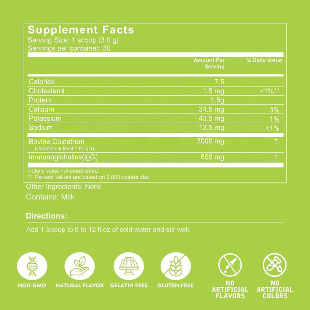 Unflavored colostrum powder pack front, versatile option for gut health.