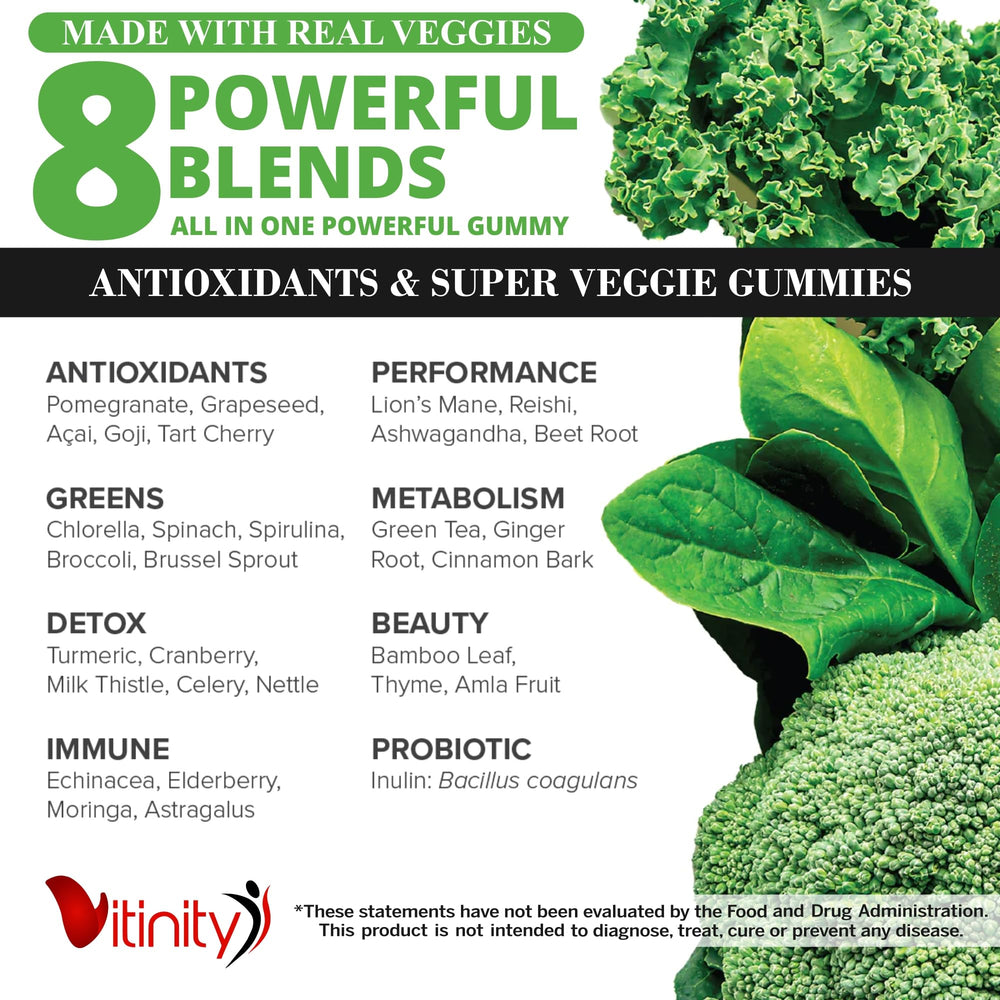 VITINITY veggie gummies close-up with greens flavor for balanced nutrition