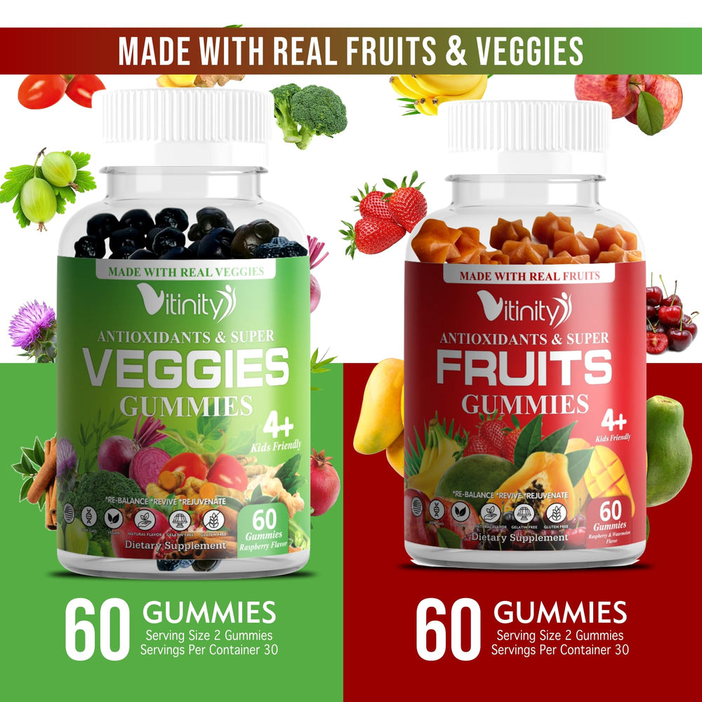 VITINITY veggie gummies ingredients illustration highlighting plant-based nutrients