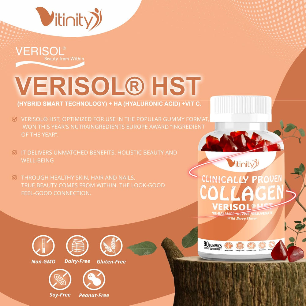 Label highlights VERISOL HST+HA clinically studied collagen for skin, hair and nails.
