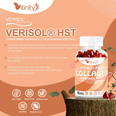 Label highlights VERISOL HST+HA clinically studied collagen for skin, hair and nails.