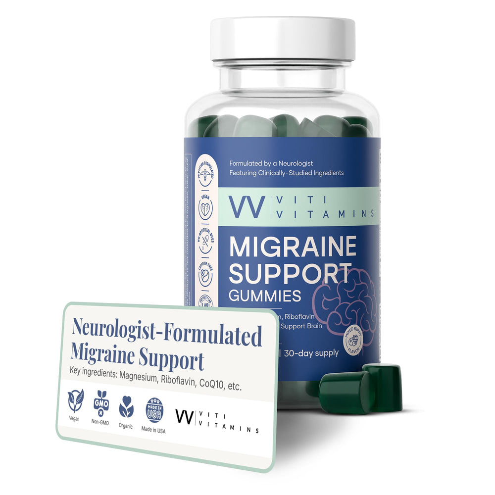 Viti Vitamins Migraine Gummy facility seal signals quality manufacturing.