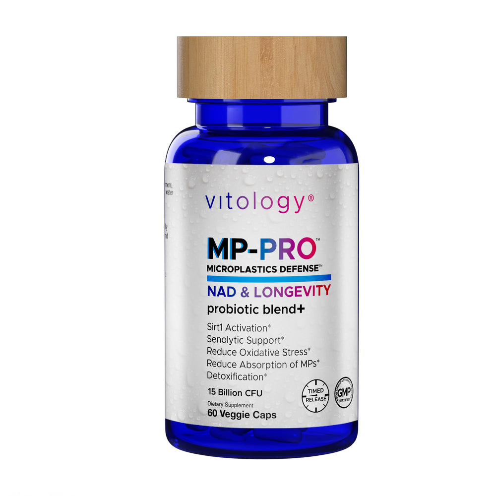 Vitology MP-PRO label front signaling microplastics defense for cellular health