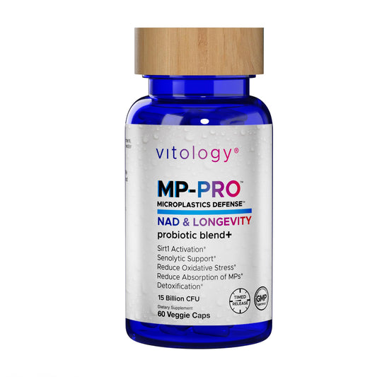 Vitology MP-PRO label front signaling microplastics defense for cellular health