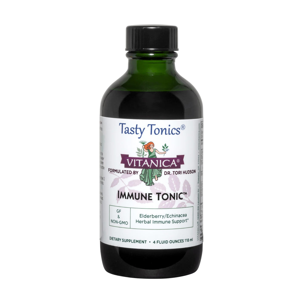 Vitanica Immune Tonic bottle with elderberry and echinacea for immune support.