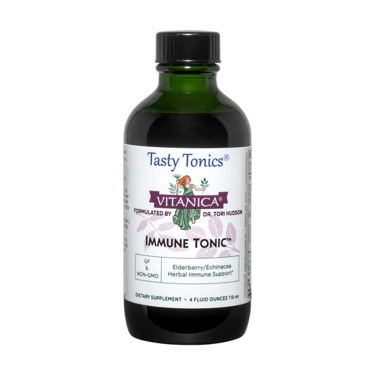 Vitanica Immune Tonic bottle with elderberry and echinacea for immune support.