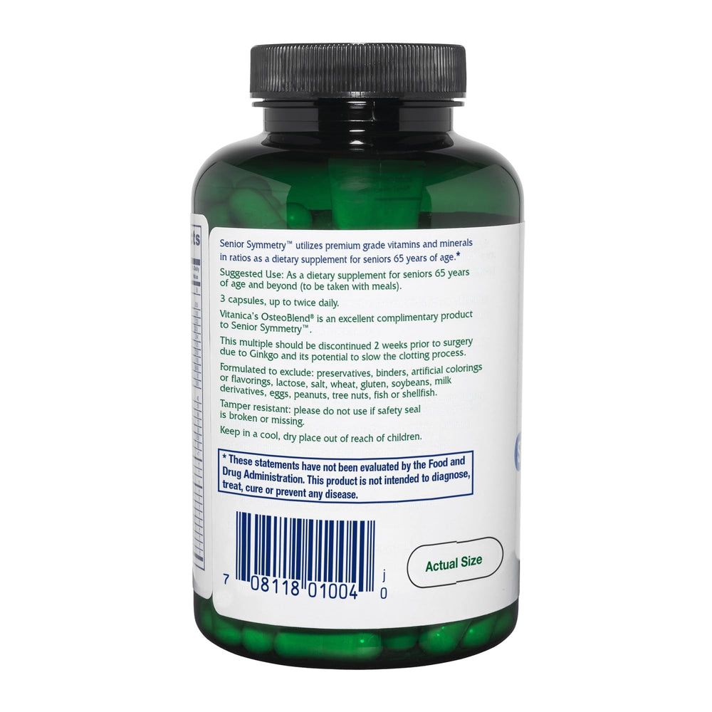 Vitanica Senior Symmetry capsules closeup, plant based formula for daily use.