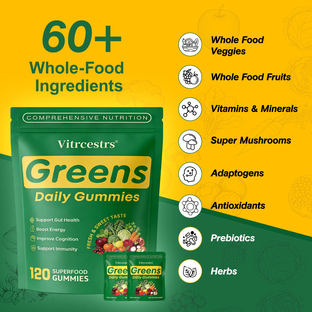Vitrcestrs Greens Daily Gummies close-up of gummies showcasing tasty gut-friendly nutrition.