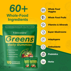 Vitrcestrs Greens Daily Gummies close-up of gummies showcasing tasty gut-friendly nutrition.