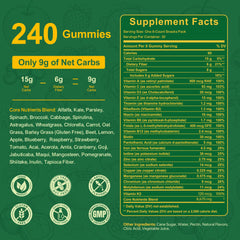 Vitrcestrs Greens Daily Gummies ingredients panel highlights spirulina and prebiotics.