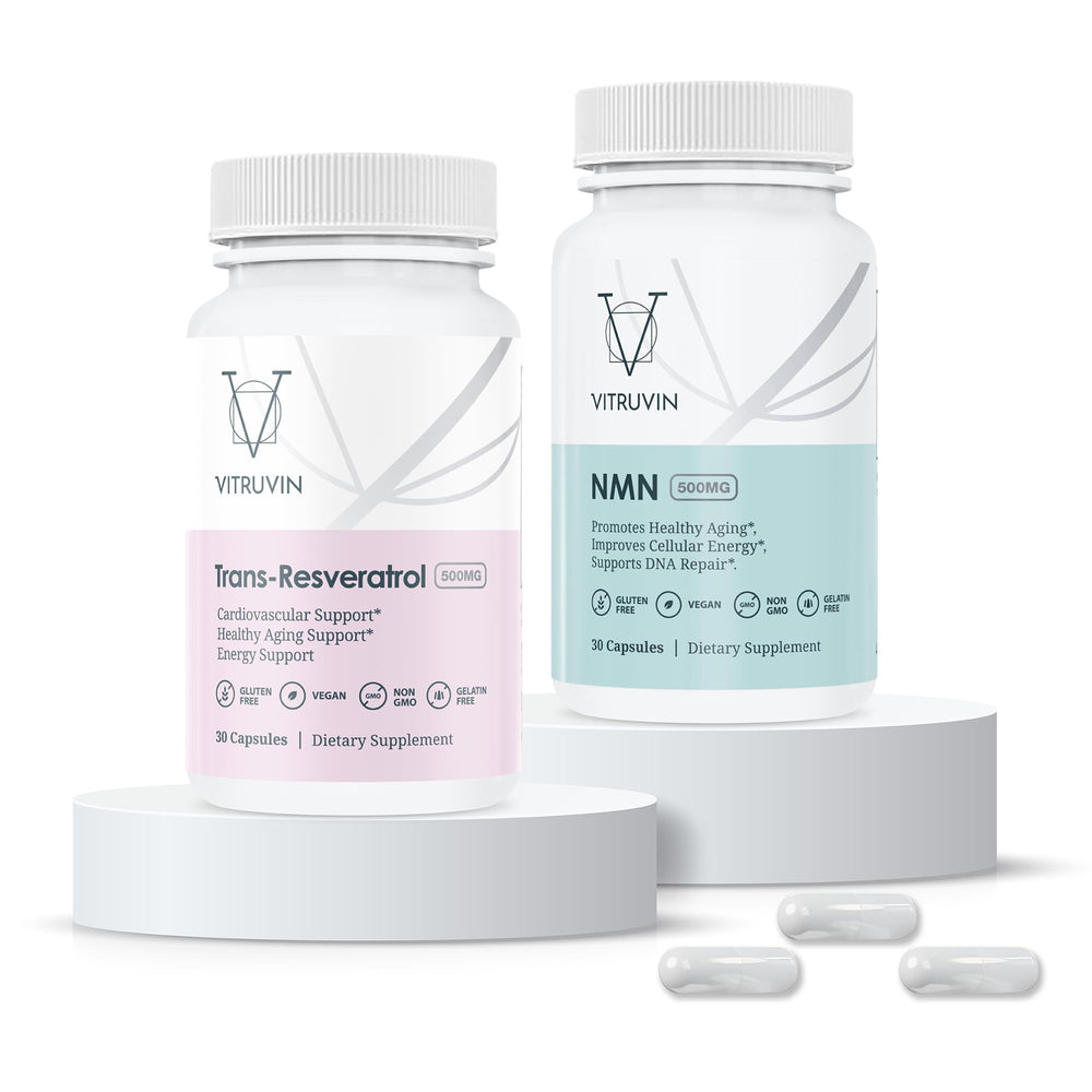 VITRUVIN Longevity capsules close-up emphasizing NMN and trans-resveratrol blend.