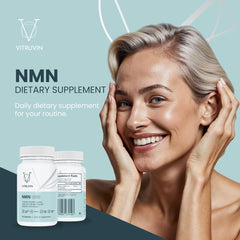 VITRUVIN NMN 500mg label detail shows ingredients and dietary notes.