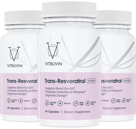 VITRUVIN Trans-Resveratrol 3-bottle pack front view; vegan and gluten-free.