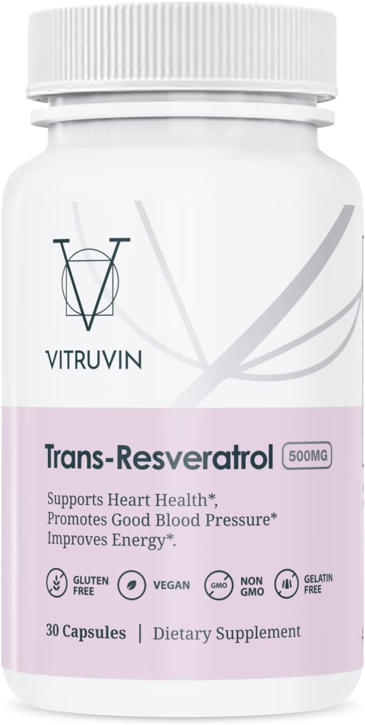 VITRUVIN bottle front displaying 500 mg trans-resveratrol capsules for daily use.