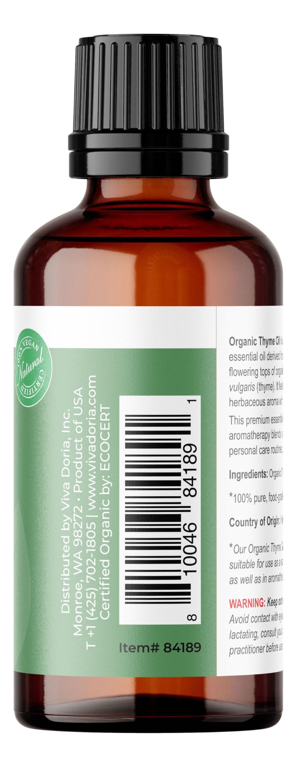 Viva Doria Thyme Oil bottle with drops, ideal for diffusers.