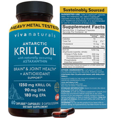 The Viva Naturals Antarctic Krill Oil bottle highlights high omega-3 and astaxanthin potency.