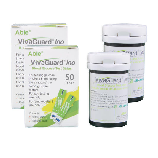 Vivaguard Ino test strips packaging shows a 100-count box for convenient home monitoring.