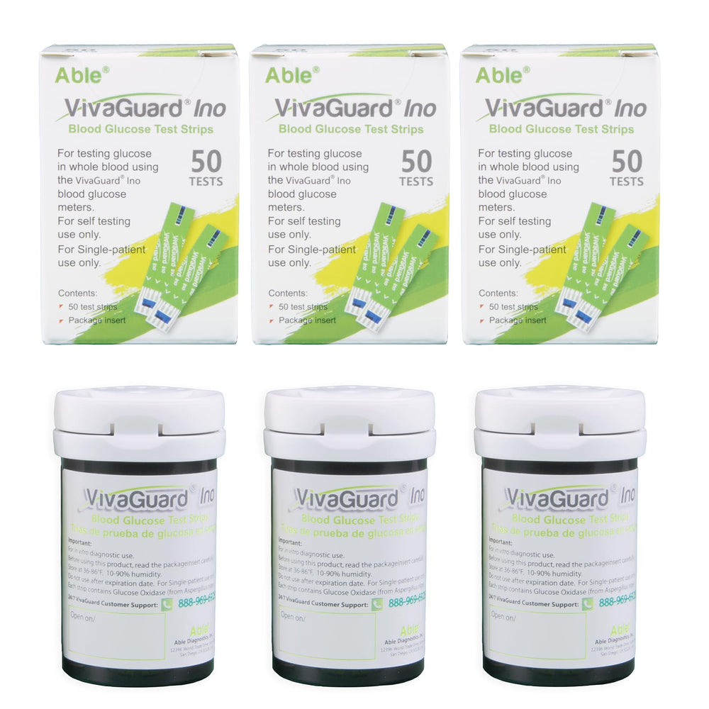 VivaGuard Ino 150-count package shown for convenient home glucose monitoring.