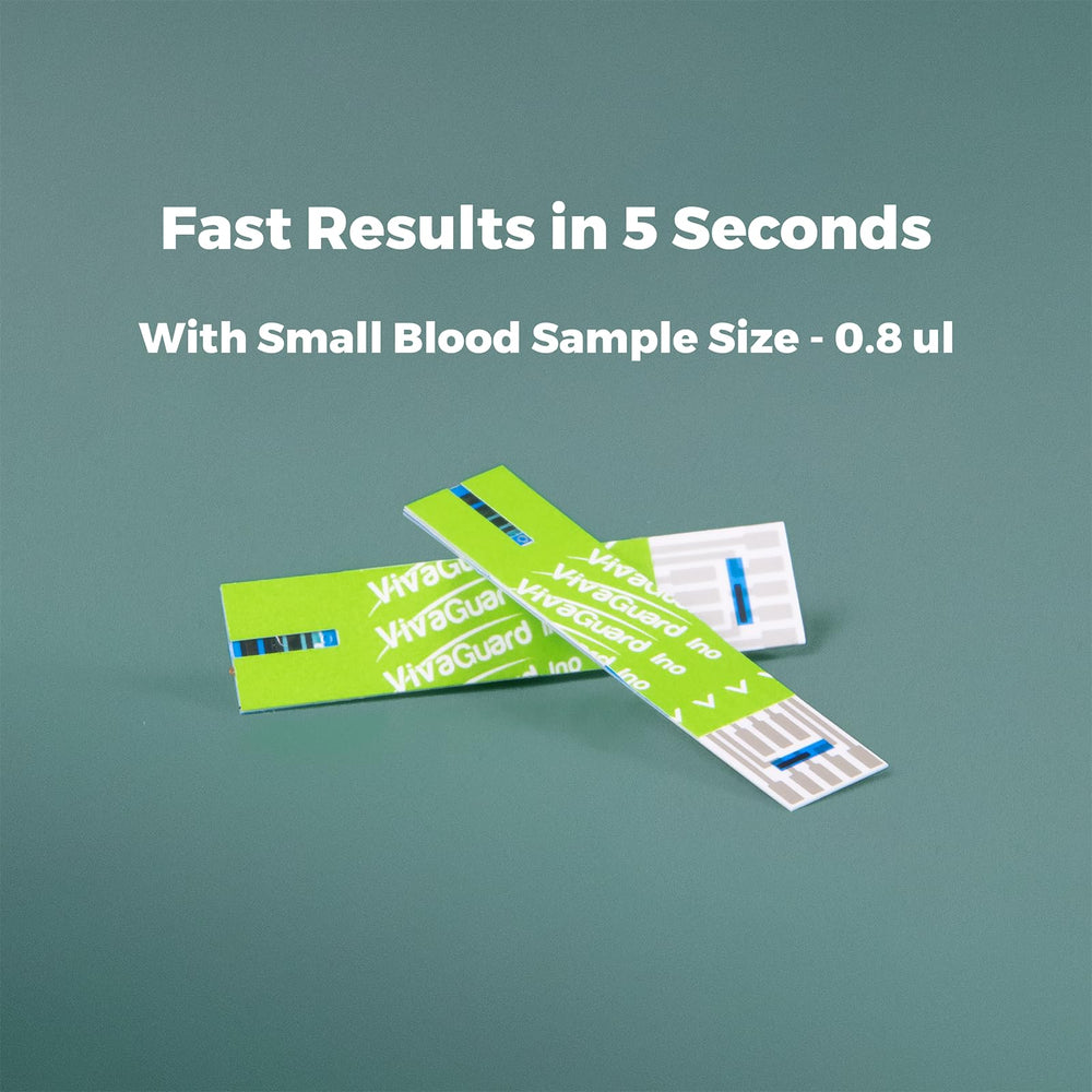 Vivaguard Ino test strips in use show a 5-second read time.