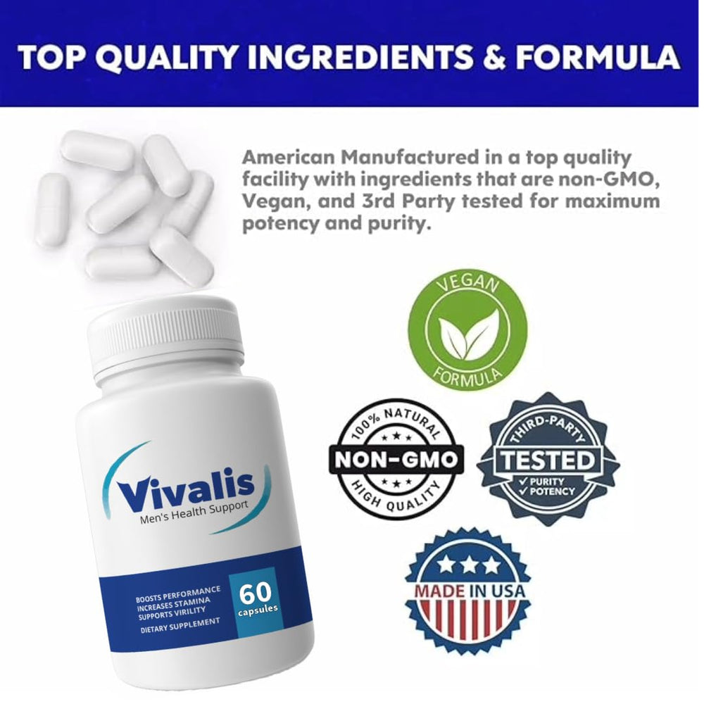VIVALIS label detail emphasizes USA-made GMP-certified production standards.