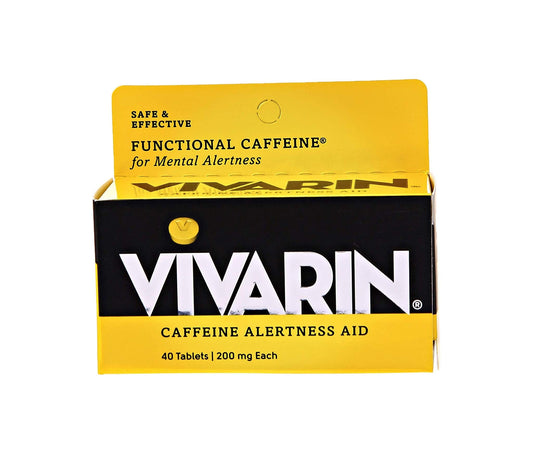 Vivarin tablets bottle close-up for quick caffeine alertness
