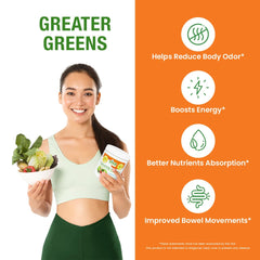 Viva Vitamins Greater Greens Detox jar beside a glass of green juice for a fresh daily boost