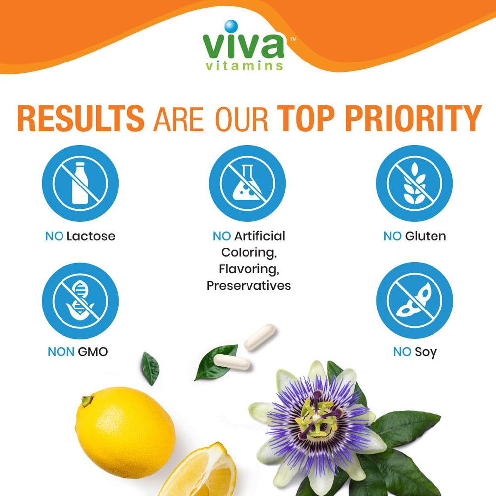 Viva Vitamins Relaaax vegan, non-GMO badge.