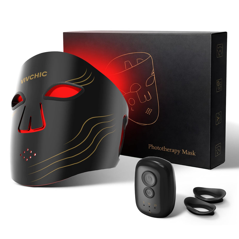 Vivchic red light mask front view with 84 LEDs for even skin tone.