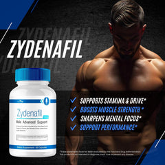VIVE MD Zydenafil daily supplementation scene showing bottle with glass of water.