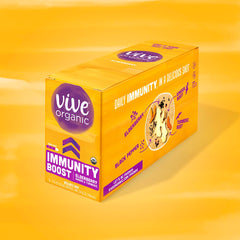 Vive Organic Immune Shot ready-to-drink glass demonstrates on-the-go convenience.