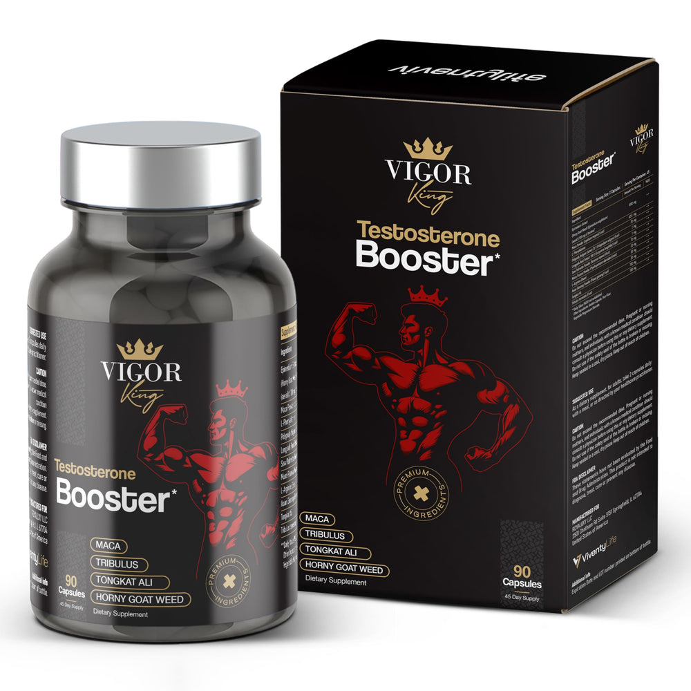 ViventyLife bottle front displaying the testosterone booster for daily performance support.