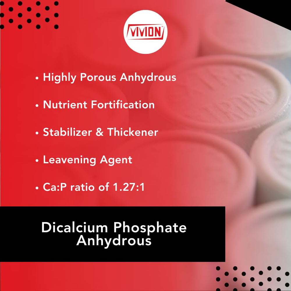 Close-up of Vivion Dicalcium Phosphate Anhydrous Powder packaging for moisture stability.