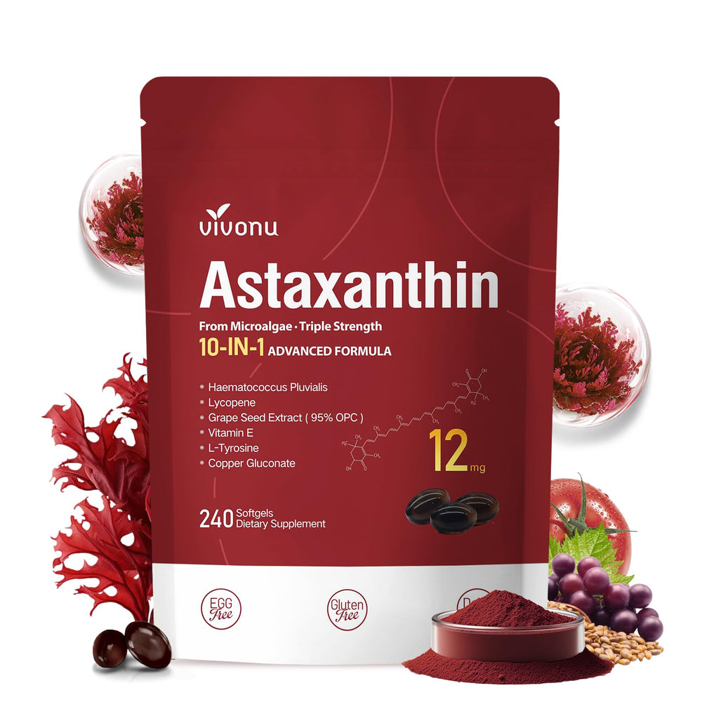 VivoNu 10-in-1 astaxanthin bottle for daily antioxidant support.