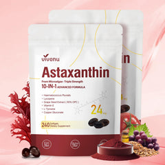 VivoNu 10in1 astaxanthin bottle with capsules supports eye and skin health.