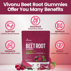 VivoNu Beet Root Gummies close-up highlights beetroot extract and nitrates