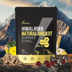 VivoNu Himalayan Shilajit Gummies bottle with golden color signaling premium energy support.