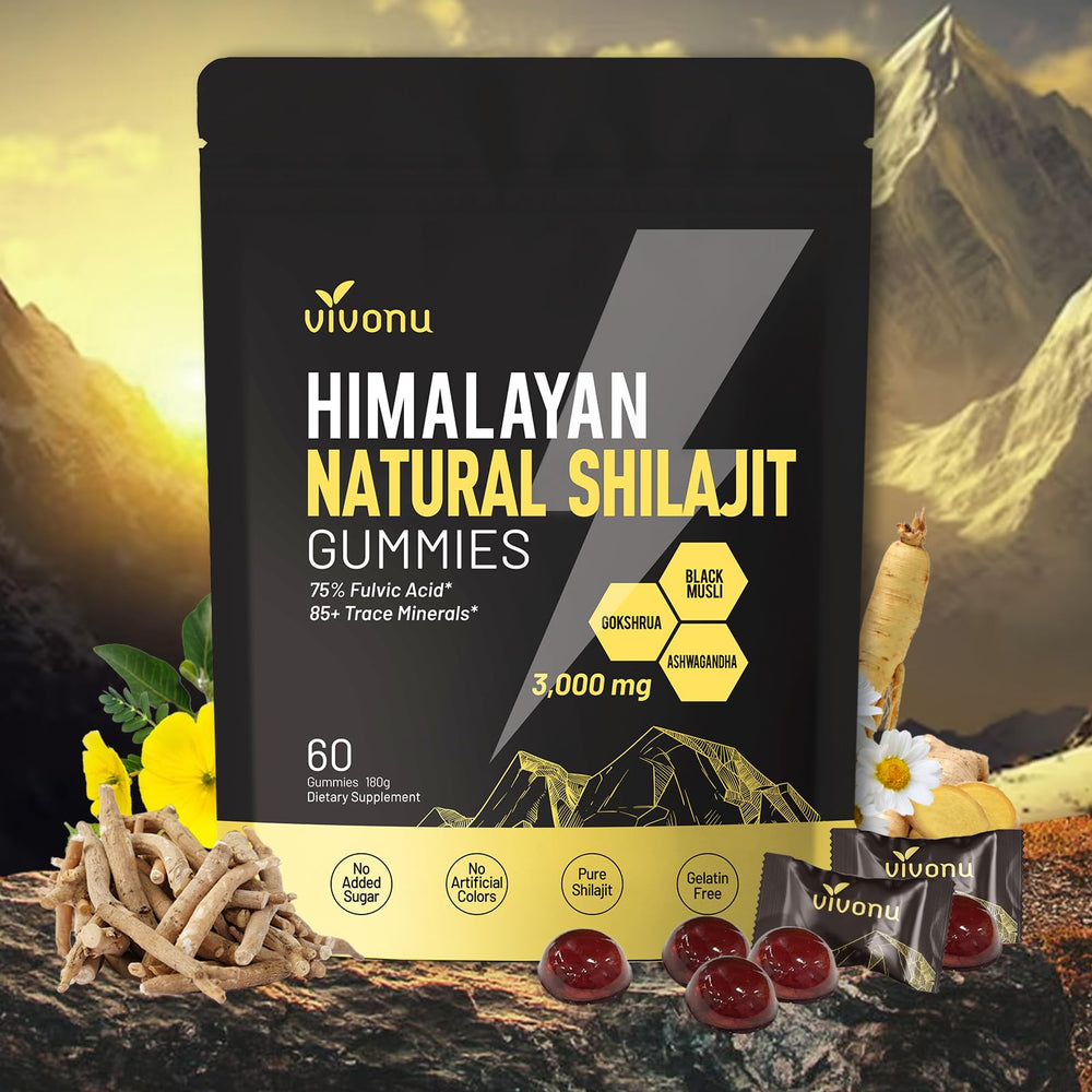 VivoNu Shilajit Gummies bottle highlights premium Himalayan minerals.